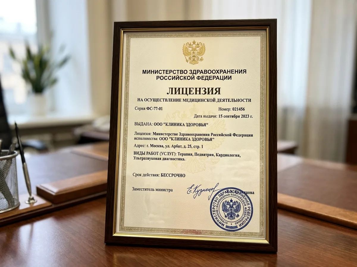 Официальный бланк лицензии Минздрава РФ на медицинскую деятельность с гербом и подписью, крупный план, документ в рамке
