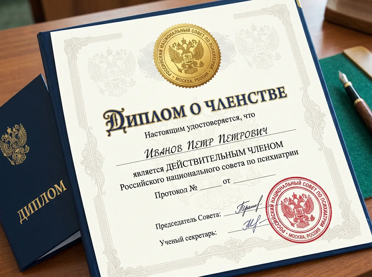 Диплом о членстве в Российском национальном совете по психиатрии, официальный документ на гербовой бумаге